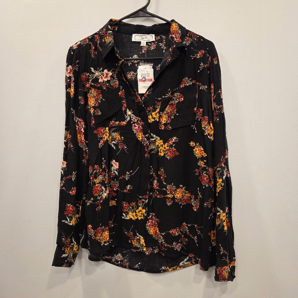 Hippie Rose NWT Button Down Long Sleeve Black Floral Top XS